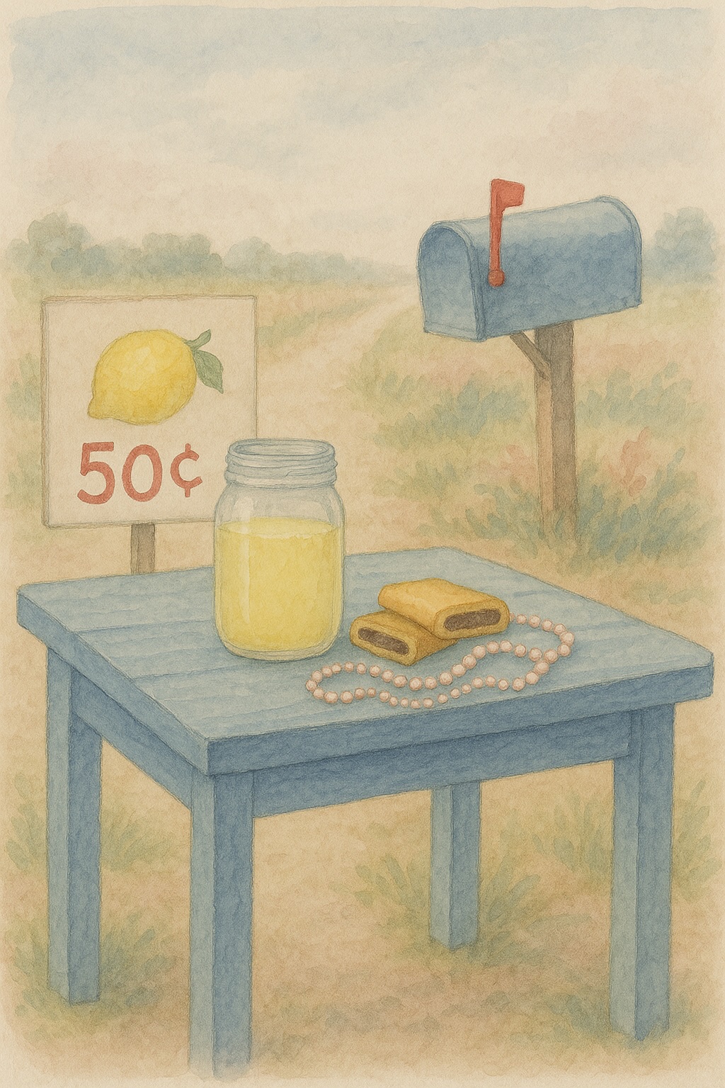 Childhood lemonade stand with pearls representing childhood entrepreneurship and family kindness